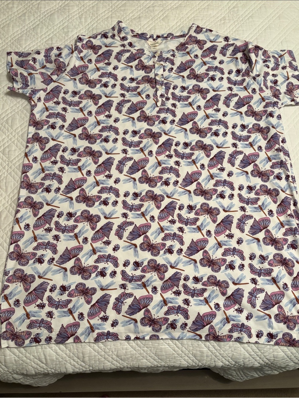 Vera Bradley White Short-Sleeve Pajama Night Shirt with Purple Insect Print
